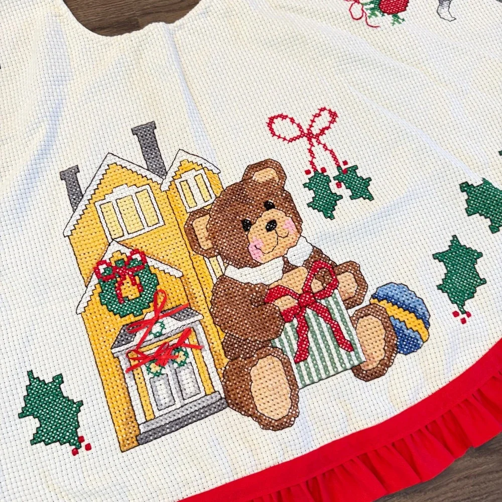 Vintage Handmade Cross Stitch Christmas Tree Skirt Teddy Bears Toys Red Ruffle